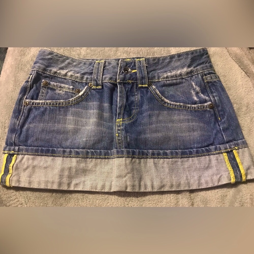 Y2K denim mini skirt with cuffed hem, size 28x10 1/2